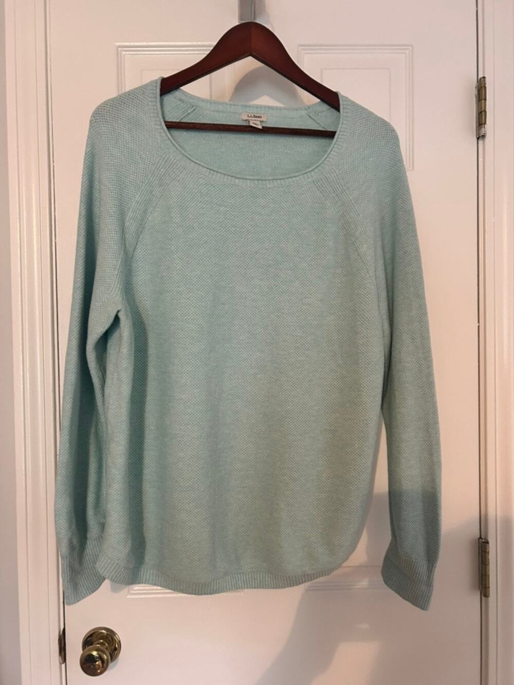 L.L.Bean Women’s XL Petite Waffle Knit Sweater Aqua Crewneck Cotton Pullover